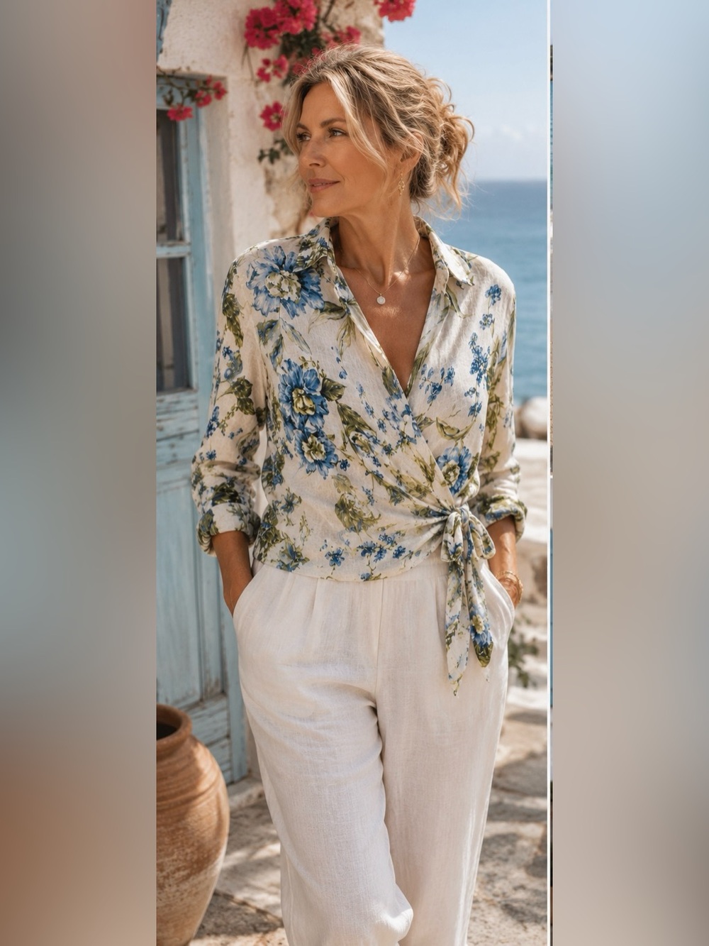 Joie Trye Wrap Blouse XL 100% Linen Floral Tie Ft  Cream Blue Green Coastal Boho